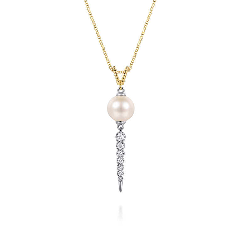 14K White Yellow Gold Bujukan Diamond and Pearl Spike Pendant Drop Necklace - 0.22 ct - Shot 1
