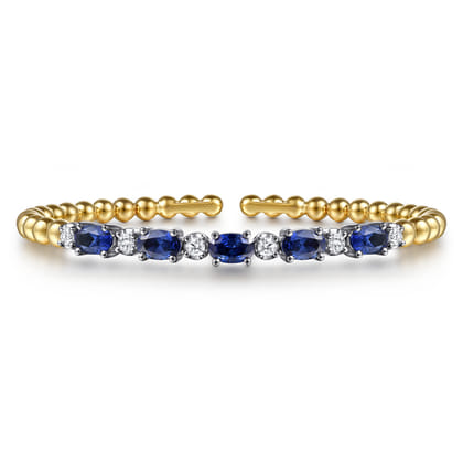14K White  Yellow Gold Bujukan Diamond and Sapphire Split Bangle Bracelet
