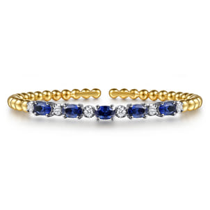 14K White  Yellow Gold Bujukan Diamond and Sapphire Split Bangle Bracelet