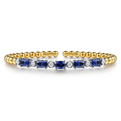 14K White  Yellow Gold Bujukan Diamond and Sapphire Split Bangle Bracelet