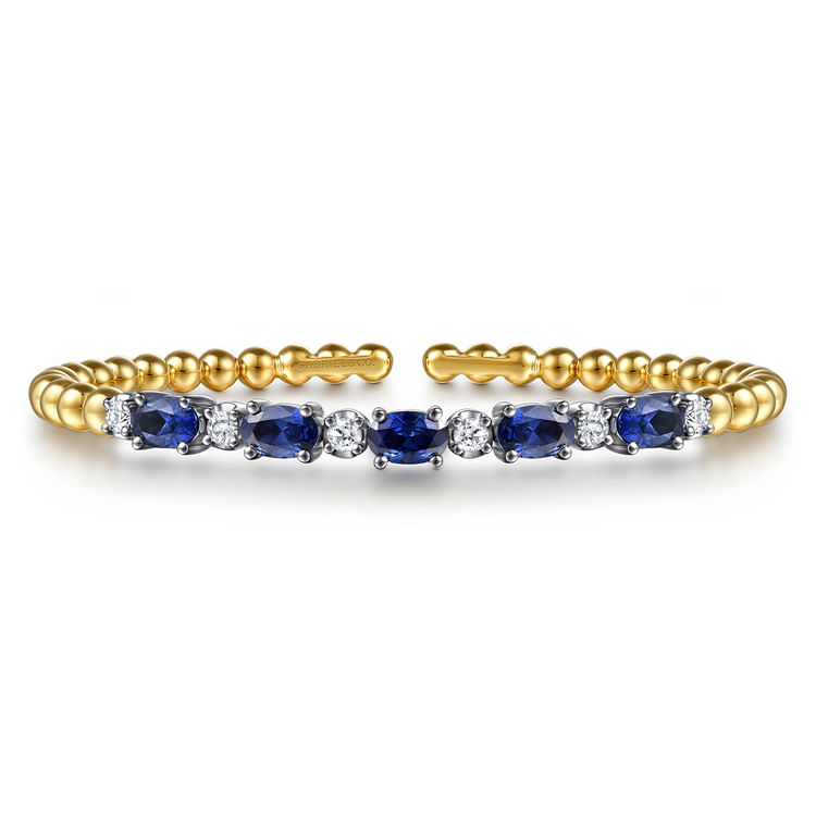 14K White  Yellow Gold Bujukan Diamond and Sapphire Split Bangle Bracelet