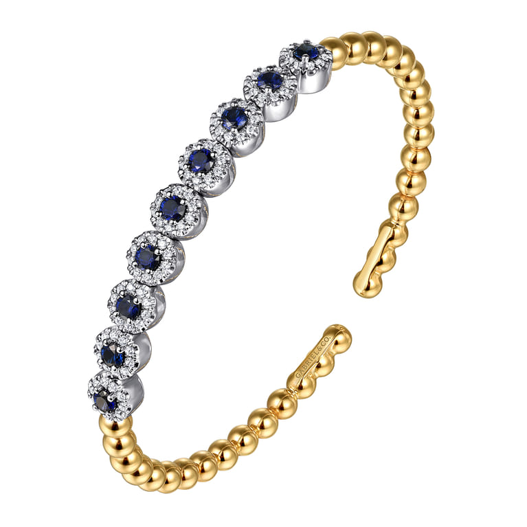 14K White  Yellow Gold Bujukan Diamond and Sapphire Split Bangle Bracelet - 0.5 ct - Shot 2