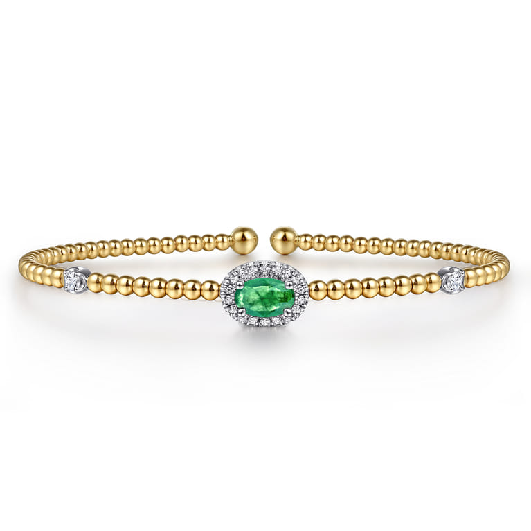 14K White-Yellow Gold Bujukan Emerald and Diamond Halo Bangle - 0.15 ct - Shot 1