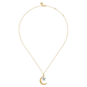 14K White  Yellow Gold Bujukan Moon and Diamond Star Pendant Necklace