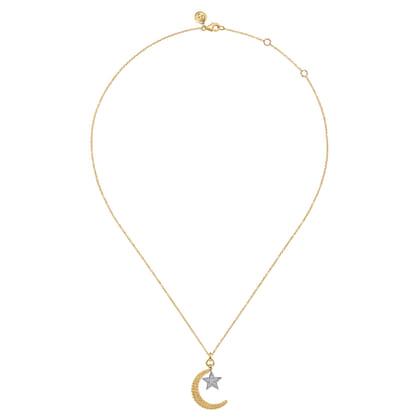 14K White  Yellow Gold Bujukan Moon and Diamond Star Pendant Necklace