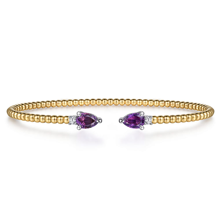 14K White  Yellow Gold Bujukan Open Cuff Bracelet with Amethyst and Diamond End Caps - 0.09 ct - Shot 1