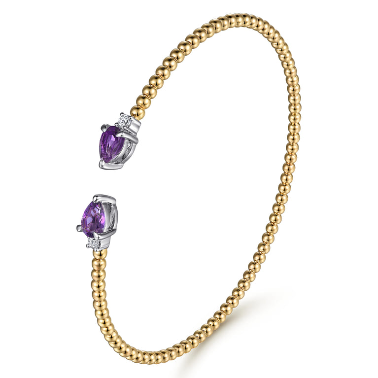 14K White  Yellow Gold Bujukan Open Cuff Bracelet with Amethyst and Diamond End Caps - 0.09 ct - Shot 2