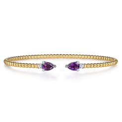 14K White  Yellow Gold Bujukan Open Cuff Bracelet with Amethyst and Diamond End Caps
