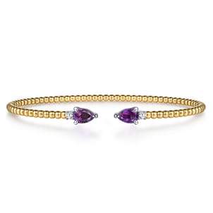 14K White  Yellow Gold Bujukan Open Cuff Bracelet with Amethyst and Diamond End Caps