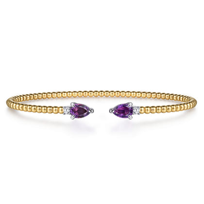 14K White  Yellow Gold Bujukan Open Cuff Bracelet with Amethyst and Diamond End Caps