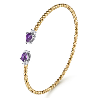 14K White  Yellow Gold Bujukan Open Cuff Bracelet with Amethyst and Diamond End Caps