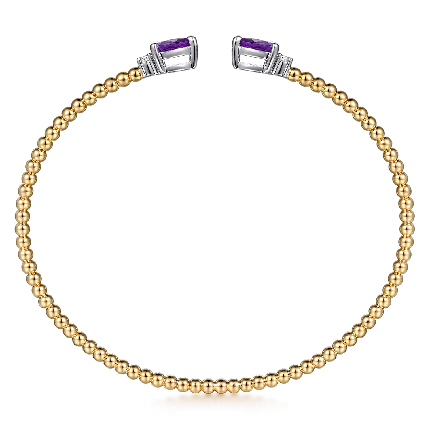 14K White  Yellow Gold Bujukan Open Cuff Bracelet with Amethyst and Diamond End Caps