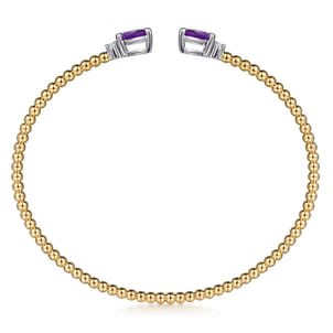14K White  Yellow Gold Bujukan Open Cuff Bracelet with Amethyst and Diamond End Caps