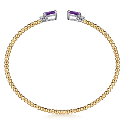 14K White  Yellow Gold Bujukan Open Cuff Bracelet with Amethyst and Diamond End Caps