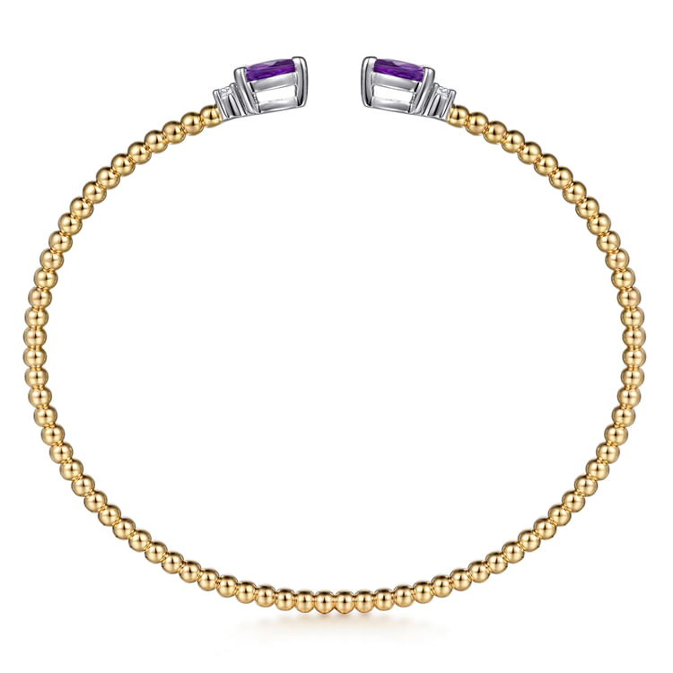 14K White  Yellow Gold Bujukan Open Cuff Bracelet with Amethyst and Diamond End Caps
