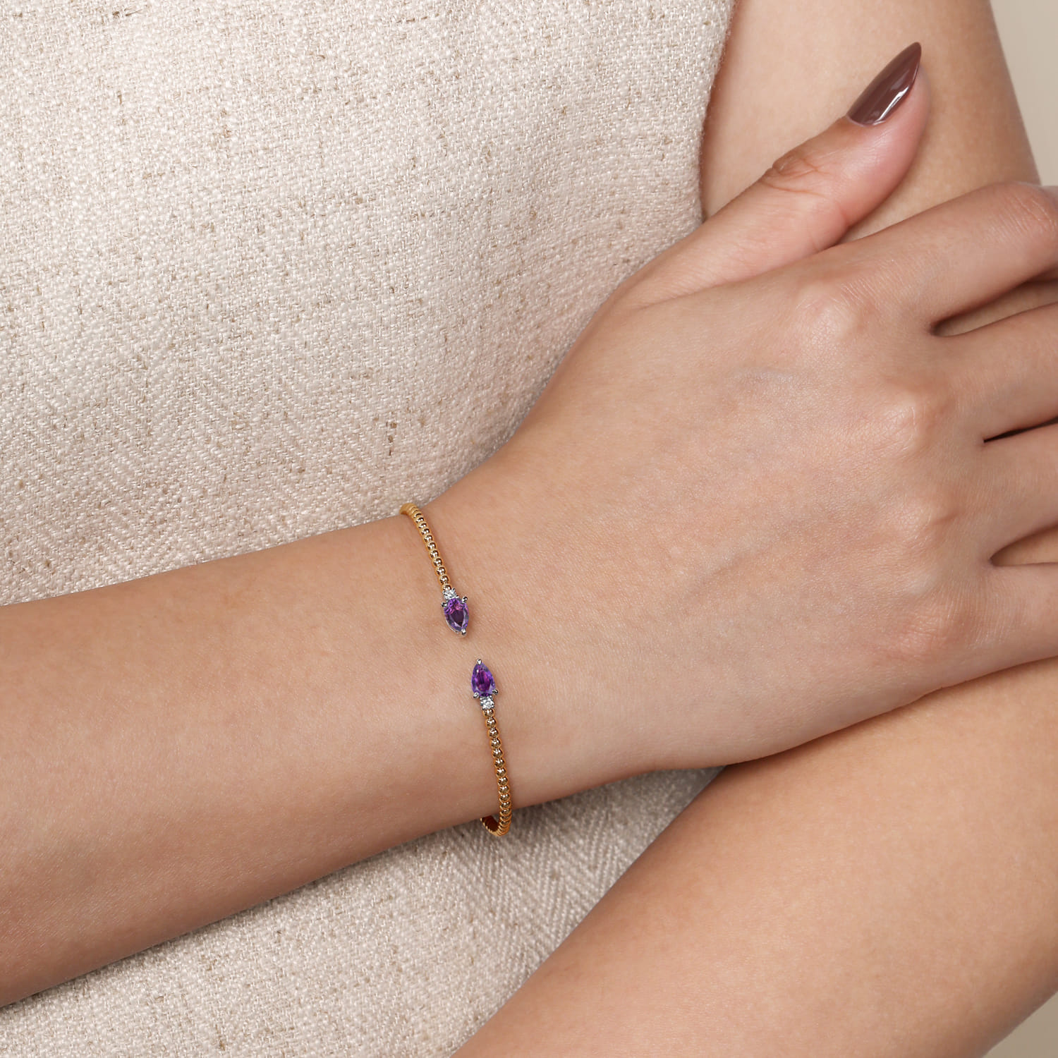 14K White  Yellow Gold Bujukan Open Cuff Bracelet with Amethyst and Diamond End Caps