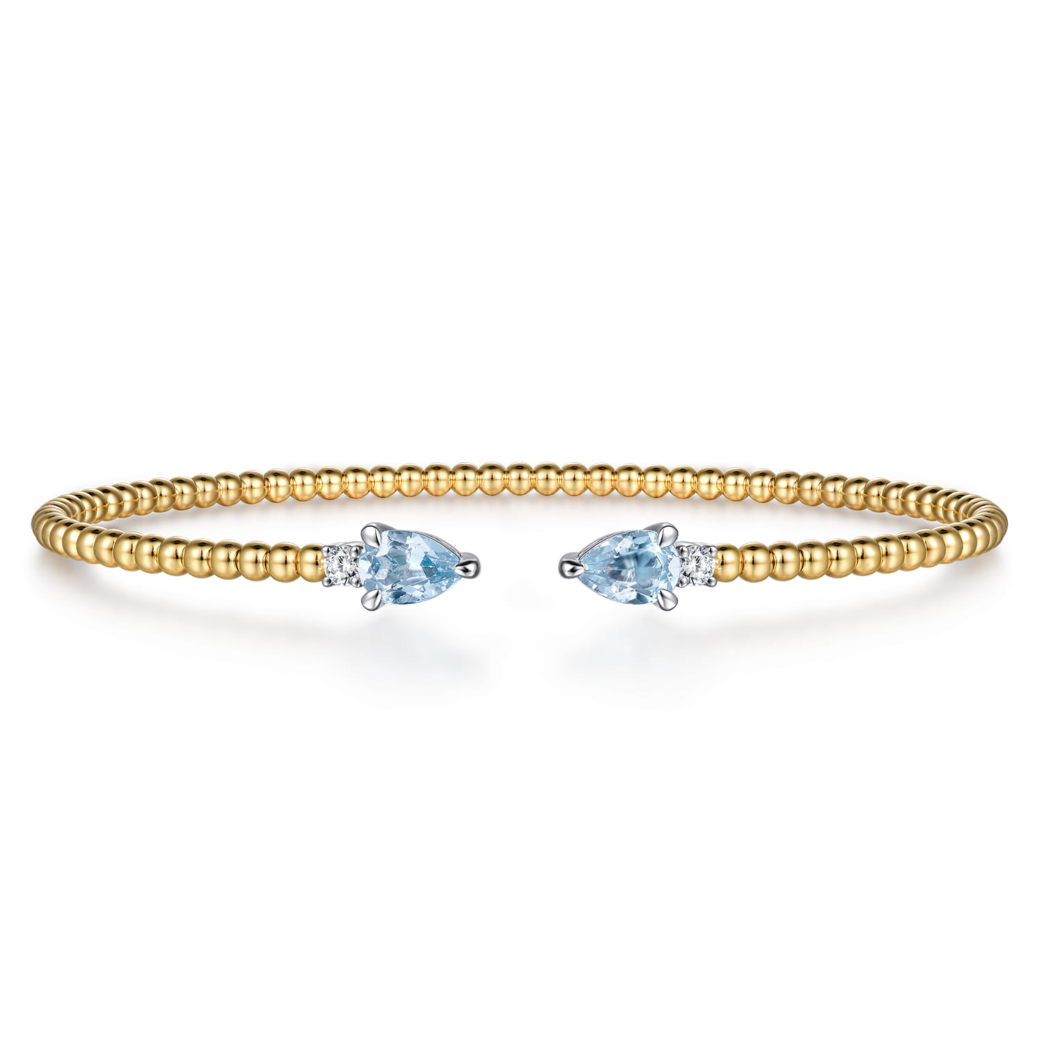 14K White  Yellow Gold Bujukan Open Cuff Bracelet with Aquamarine and Diamond End Caps - 0.09 ct - Shot 1