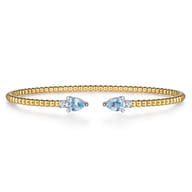 14K White  Yellow Gold Bujukan Open Cuff Bracelet with Aquamarine and Diamond End Caps