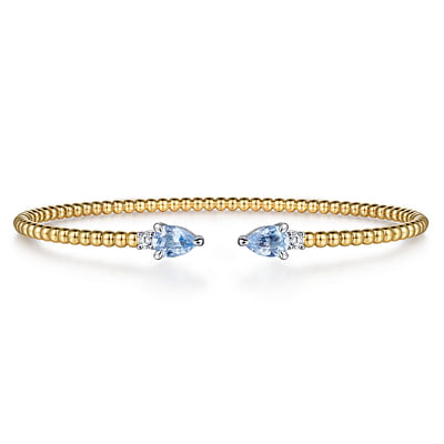 14K White   Yellow Gold Bujukan Open Cuff Bracelet with Aquamarine and Diamond End Caps
