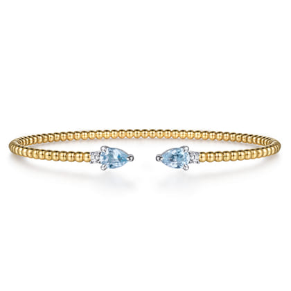 14K White  Yellow Gold Bujukan Open Cuff Bracelet with Aquamarine and Diamond End Caps