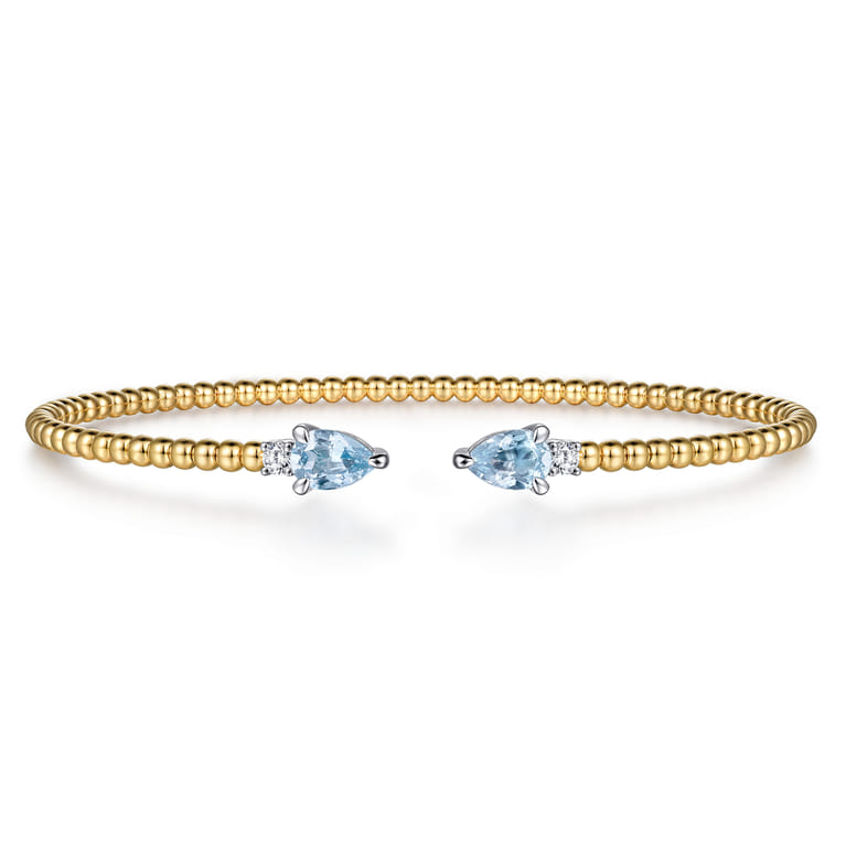 14K White  Yellow Gold Bujukan Open Cuff Bracelet with Aquamarine and Diamond End Caps - 0.09 ct - Shot 1