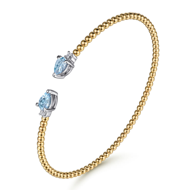 14K White  Yellow Gold Bujukan Open Cuff Bracelet with Aquamarine and Diamond End Caps - 0.09 ct - Shot 2