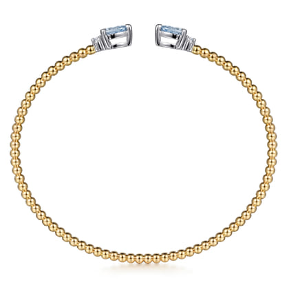14K White  Yellow Gold Bujukan Open Cuff Bracelet with Aquamarine and Diamond End Caps