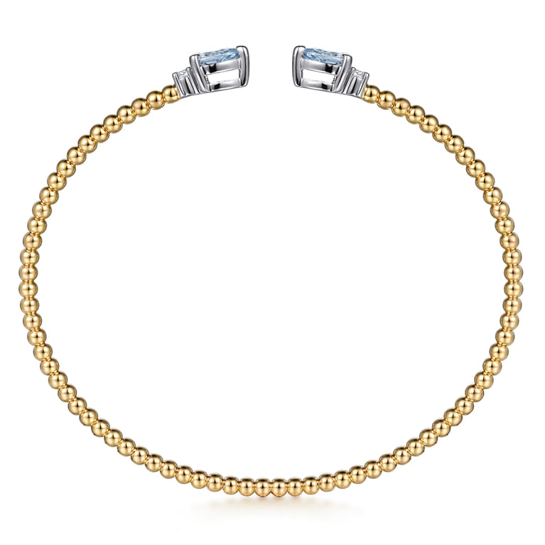 14K White  Yellow Gold Bujukan Open Cuff Bracelet with Aquamarine and Diamond End Caps - 0.09 ct - Shot 3