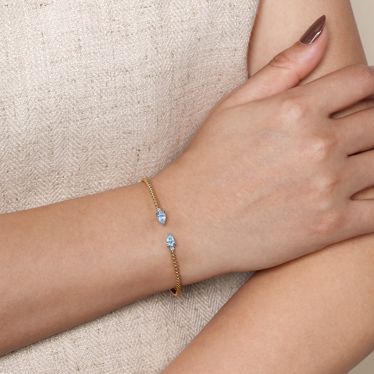 14K White  Yellow Gold Bujukan Open Cuff Bracelet with Aquamarine and Diamond End Caps - 0.09 ct - Shot 4