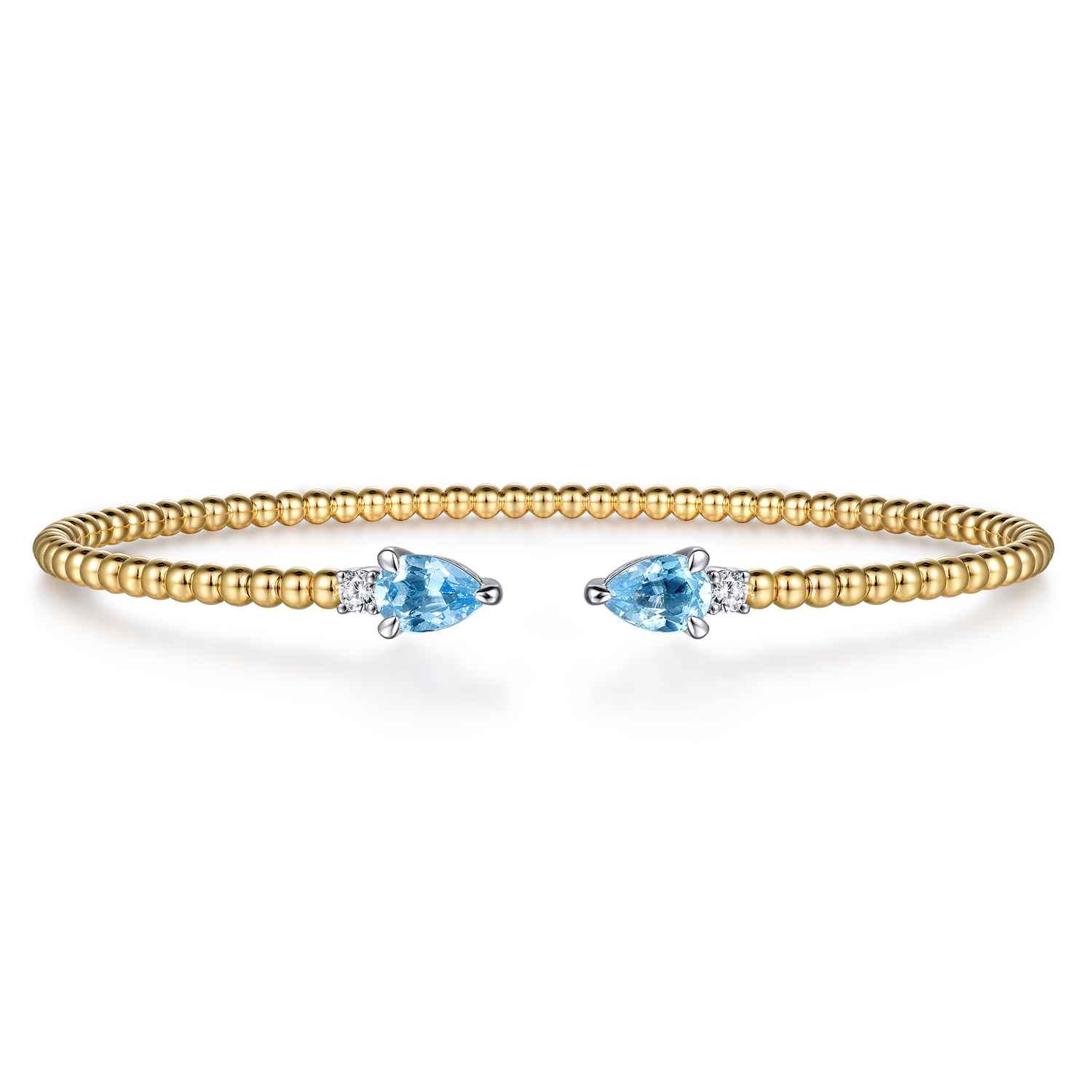 14K White  Yellow Gold Bujukan Open Cuff Bracelet with Blue Topaz and Diamond End Caps - 0.09 ct - Shot 1