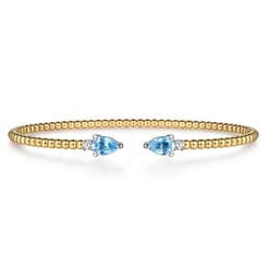 14K White  Yellow Gold Bujukan Open Cuff Bracelet with Blue Topaz and Diamond End Caps