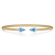 14K White  Yellow Gold Bujukan Open Cuff Bracelet with Blue Topaz and Diamond End Caps