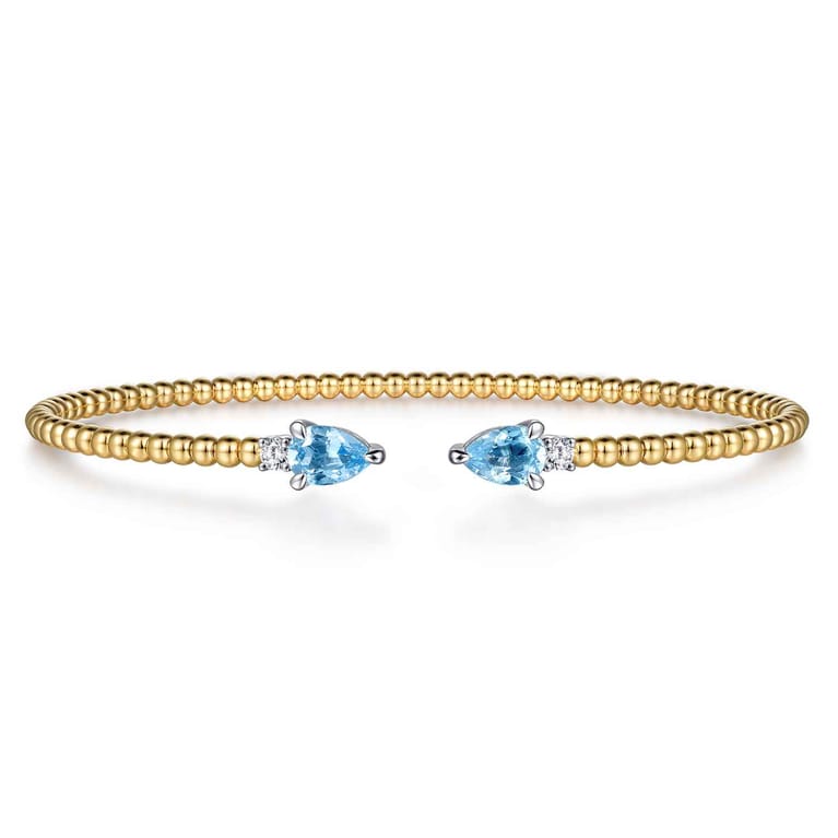14K White  Yellow Gold Bujukan Open Cuff Bracelet with Blue Topaz and Diamond End Caps - 0.09 ct - Shot 1