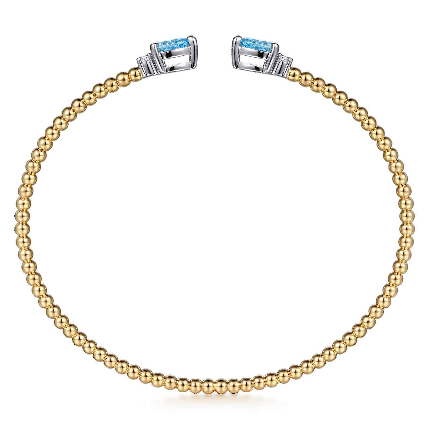 14K White  Yellow Gold Bujukan Open Cuff Bracelet with Blue Topaz and Diamond End Caps - 0.09 ct - Shot 3