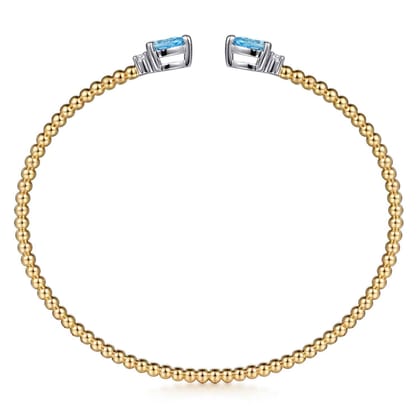 14K White  Yellow Gold Bujukan Open Cuff Bracelet with Blue Topaz and Diamond End Caps