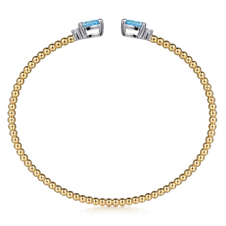 14K White  Yellow Gold Bujukan Open Cuff Bracelet with Blue Topaz and Diamond End Caps - 0.09 ct - Shot 3