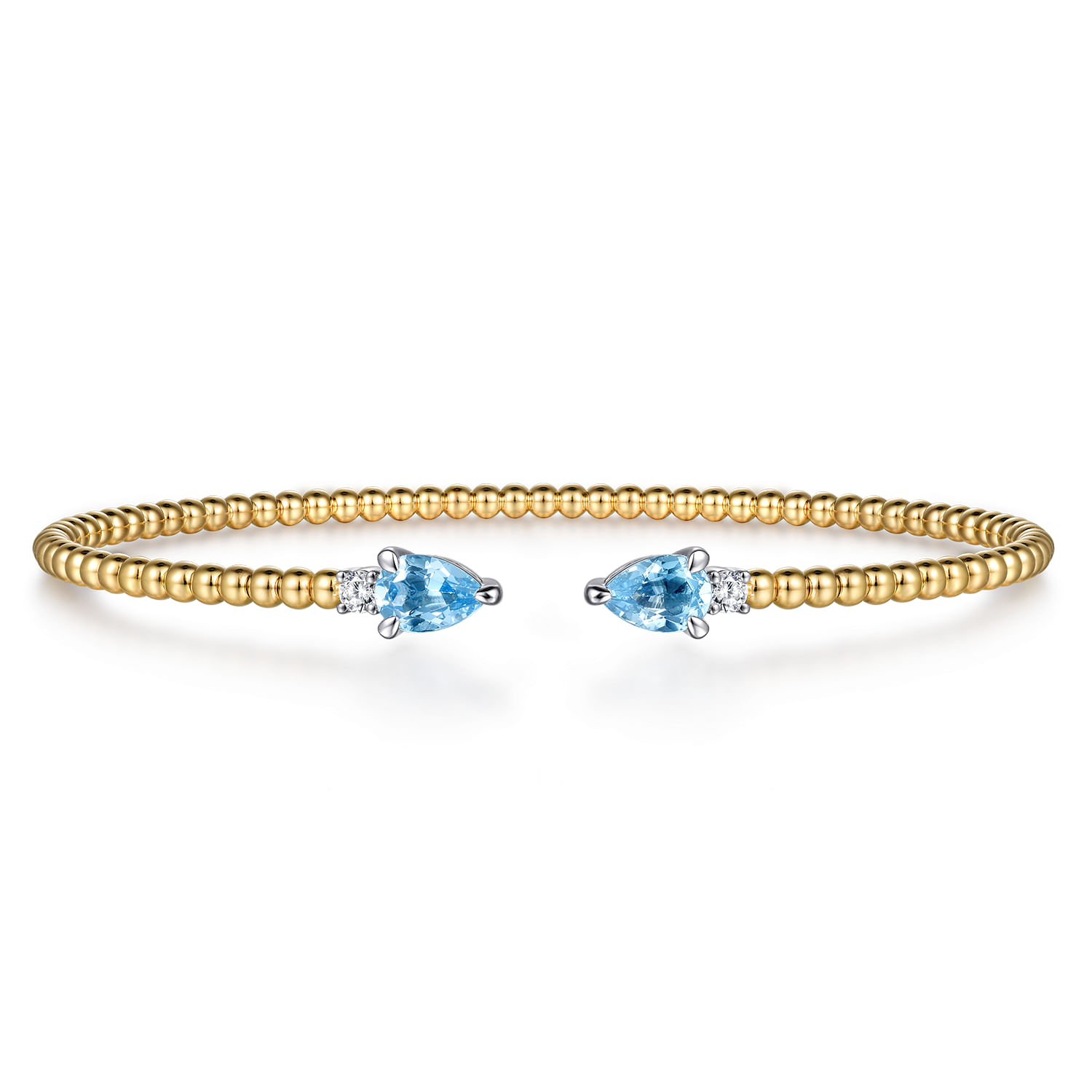 14K White  Yellow Gold Bujukan Open Cuff Bracelet with Blue Topaz and Diamond End Caps