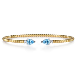 14K White  Yellow Gold Bujukan Open Cuff Bracelet with Blue Topaz and Diamond End Caps