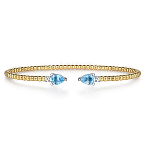 14K White  Yellow Gold Bujukan Open Cuff Bracelet with Blue Topaz and Diamond End Caps