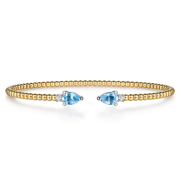 14K White  Yellow Gold Bujukan Open Cuff Bracelet with Blue Topaz and Diamond End Caps - 0.09 ct - Shot 1