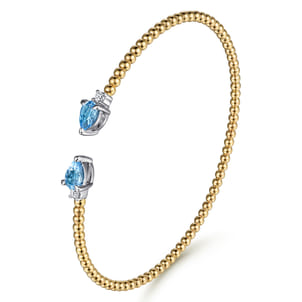 14K White  Yellow Gold Bujukan Open Cuff Bracelet with Blue Topaz and Diamond End Caps