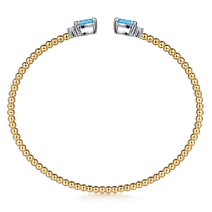 14K White  Yellow Gold Bujukan Open Cuff Bracelet with Blue Topaz and Diamond End Caps