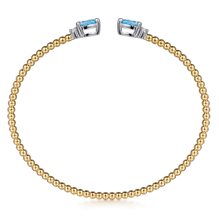 14K White  Yellow Gold Bujukan Open Cuff Bracelet with Blue Topaz and Diamond End Caps