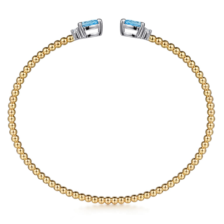 14K White  Yellow Gold Bujukan Open Cuff Bracelet with Blue Topaz and Diamond End Caps - 0.09 ct - Shot 3