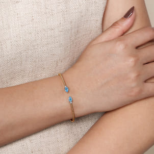 14K White  Yellow Gold Bujukan Open Cuff Bracelet with Blue Topaz and Diamond End Caps