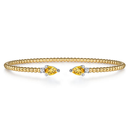 14K White  Yellow Gold Bujukan Open Cuff Bracelet with Citrine and Diamond End Caps
