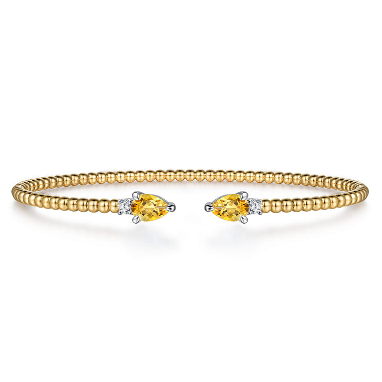 14K White  Yellow Gold Bujukan Open Cuff Bracelet with Citrine and Diamond End Caps - 0.09 ct - Shot 1