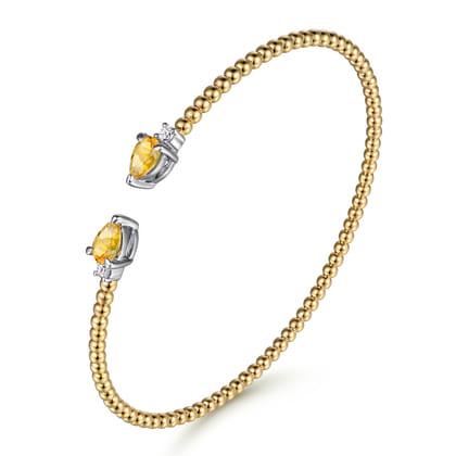 14K White  Yellow Gold Bujukan Open Cuff Bracelet with Citrine and Diamond End Caps