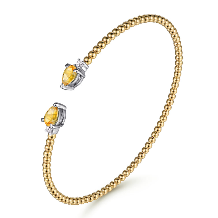 14K White  Yellow Gold Bujukan Open Cuff Bracelet with Citrine and Diamond End Caps - 0.09 ct - Shot 2