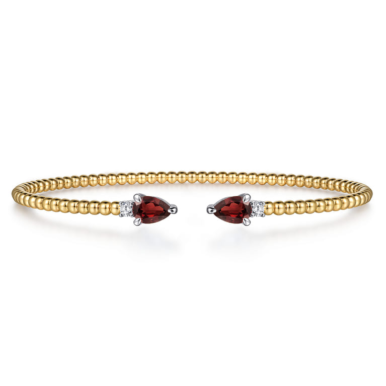 14K White  Yellow Gold Bujukan Open Cuff Bracelet with Garnet and Diamond End Caps - 0.09 ct - Shot 1